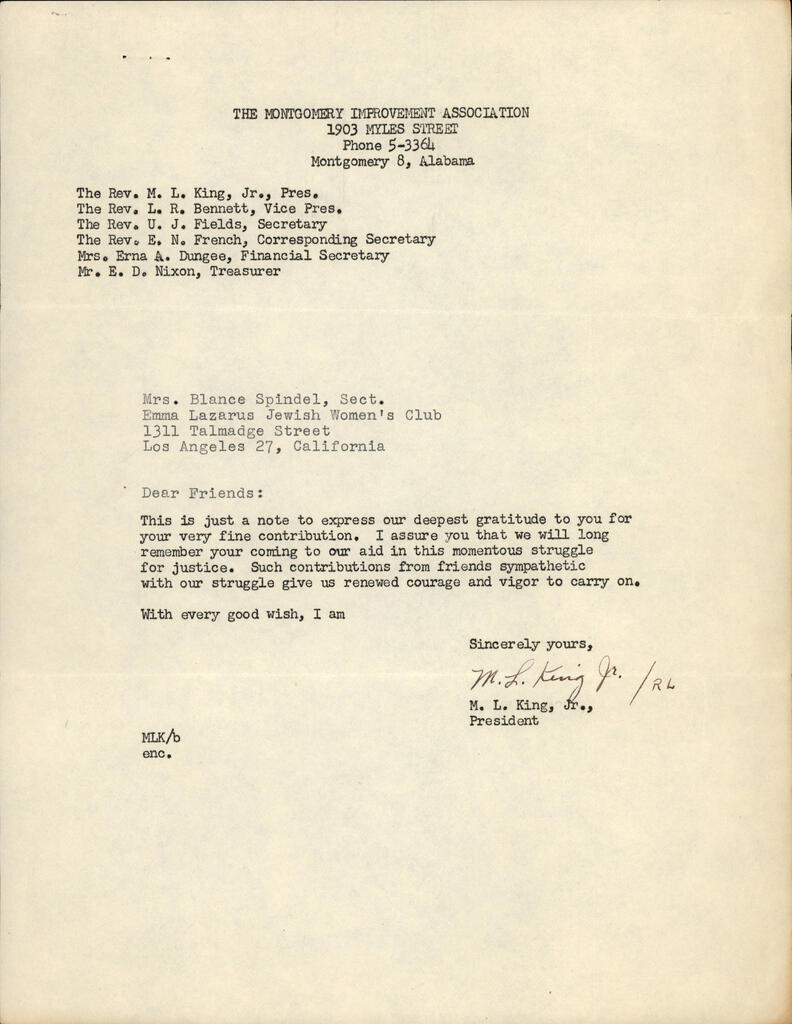Thank you letter from civil rights leader Martin Luther King Jr.