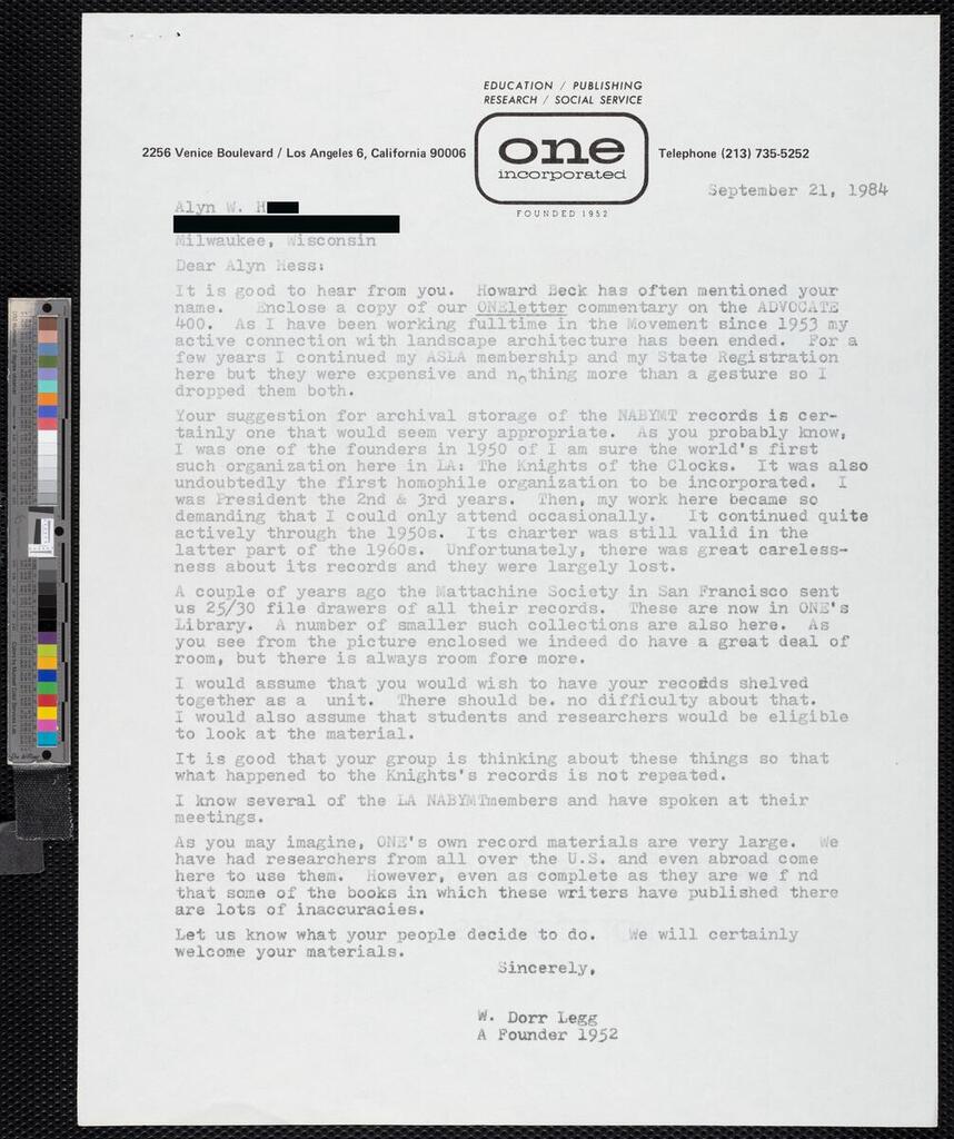 Response to Alyn Hess's letter to ONE Inc., 1984