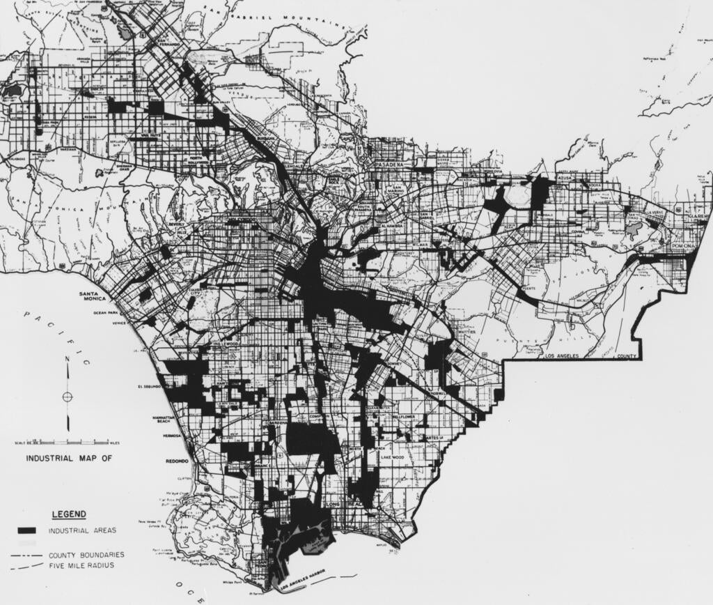 Map of industry concentrations in Los Angeles County prepared by California Map Centre, ca.1950