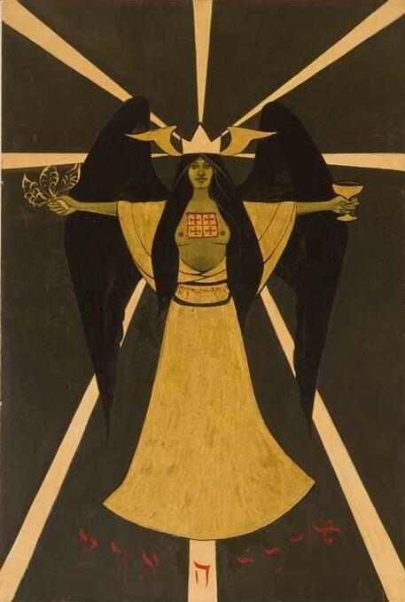 Marjorie Cameron, Holy Guardian Angel According to Aleister Crowley, 1966. Casein and gold lacquer on board, 29 1/2 x 19 1/4 in.
